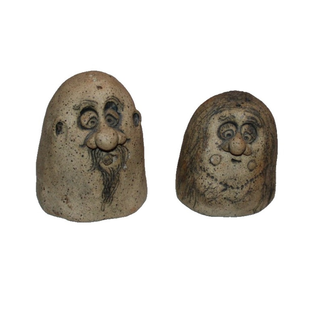 VTG stoneware pottery faces salt & pepper shakers folk art kitschy man & woman